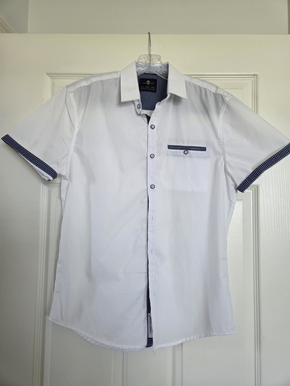 White Short-Sleeve Button-Down Shirt with Navy Trim